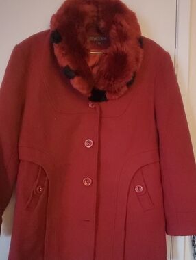 Women's Burgundy Wool Coat with Faux Fur Collar